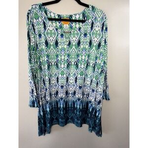 Ruby Rd Plus Size Green Blue Multiprint Pullover W Silver Neck Accent Size 2X